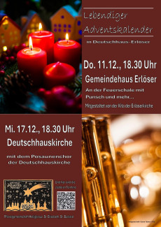 Einladung zum "Lebendigen Adventskalender": im Gemeindehaus Erlöser am 11.12. um 18.30 Uhr und in der Deutschhauskirche am 17.12. um 18.30 Uhr