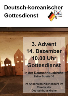 Einladung zum deutsch-koreanischen Gottesdienst am 3. Advent um 10 Uhr in der Deutschhauskirche.