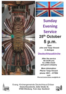 Einladung zum Englischen Gottesdienst am 25. Oktober um 17 Uhr in der Deutschhauskirche