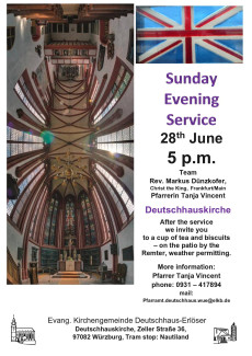 Einladung zum englischen Gottesdienst am 28. Juni um 17 Uhr in der Deutschhauskirche.
