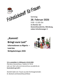 Einladung zum Frühstückstreff für Frauen am 28. Februar im Remter der Deutschhauskirche. Bitte im Pfarramt anmelden.