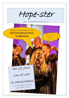 Einladung zu Hope-ster am 19. Juni um 18 Uhr in Deutschhaus. Anmeldung im Pfarramt erforderlich.