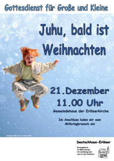 Einladung zum Gottesdienst für Große und Kleine am 4. Advent um 11 Uhr im Gemeindehaus der Erlöserkirche, anschließend Mitbringbrunch.