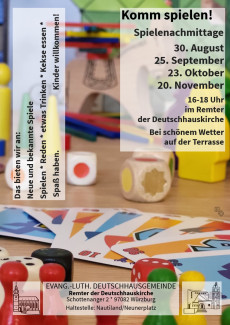 Einladung zu den Spielenachmittagen im Remter am 30.8., 25.9., 23.10. und 20. 11. von  16 - 18 Uhr