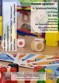 Einladung zum Spielenachmittag am 12. Juni von 16 - 18 Uhr im Remter der Deutschhauskirche - bei schönem Wetter auf der Terrasse.