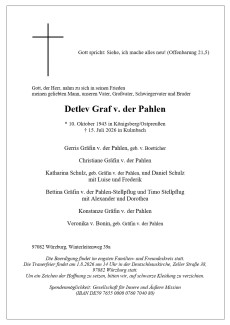 Todesanzeige von Pfarrer i.R. Detlev Graf von der Pahlen, gestorben am  15. Juli 2026