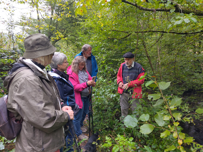 Wanderer hören den Erklärungen des Organisators der Wanderung zu.