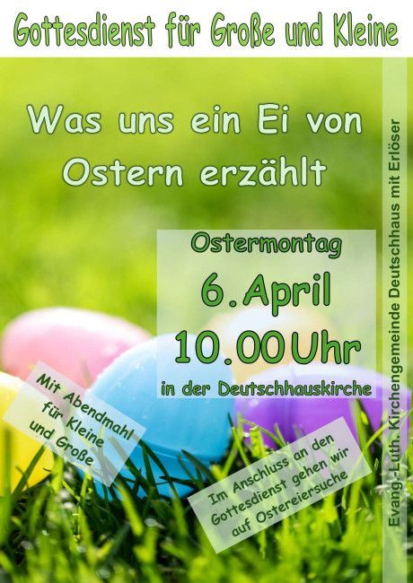 Einladung zum Gottesdienst für Große und Kleine am Ostermontag 2026 um 10 Uhr in der Deutschhauskirche.