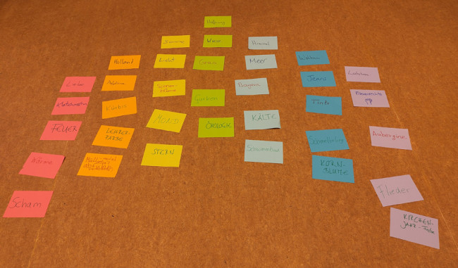 Gedanken zu den Farben des Regenbogens auf buntem Papier.